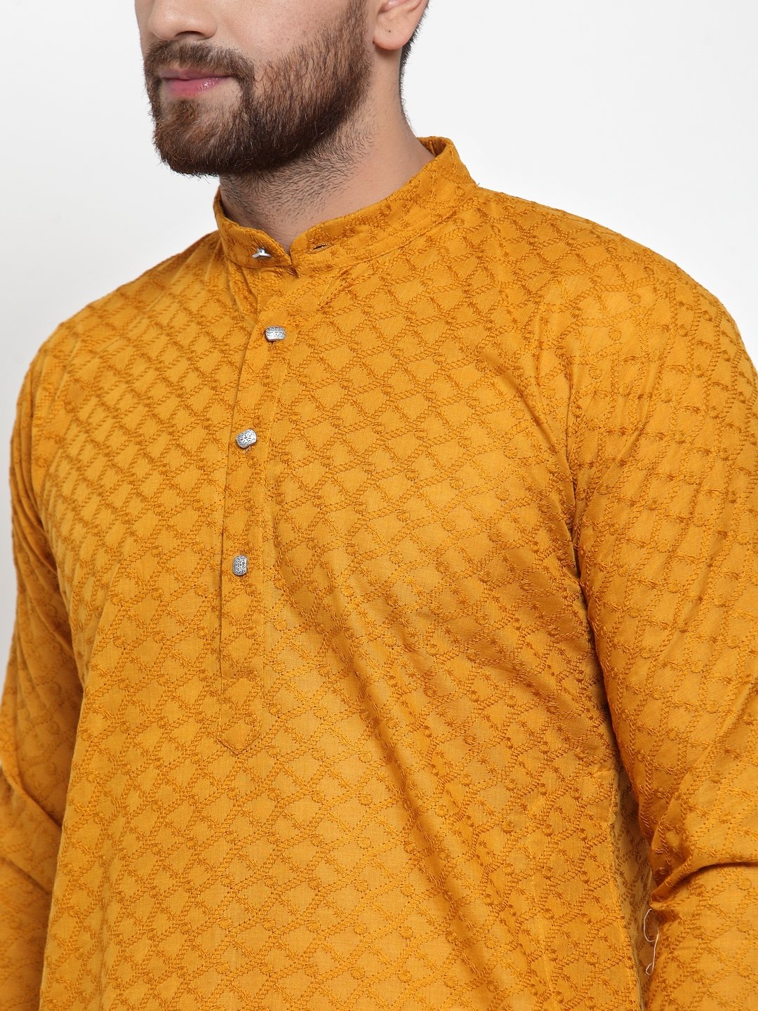 Jompers Men Mustard Chikan Kurta Only