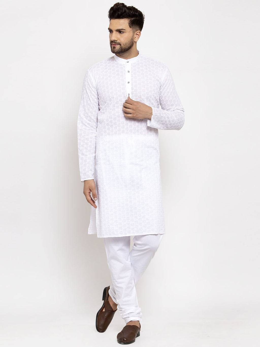 Jompers Men White Chikan Kurta with Churidar
