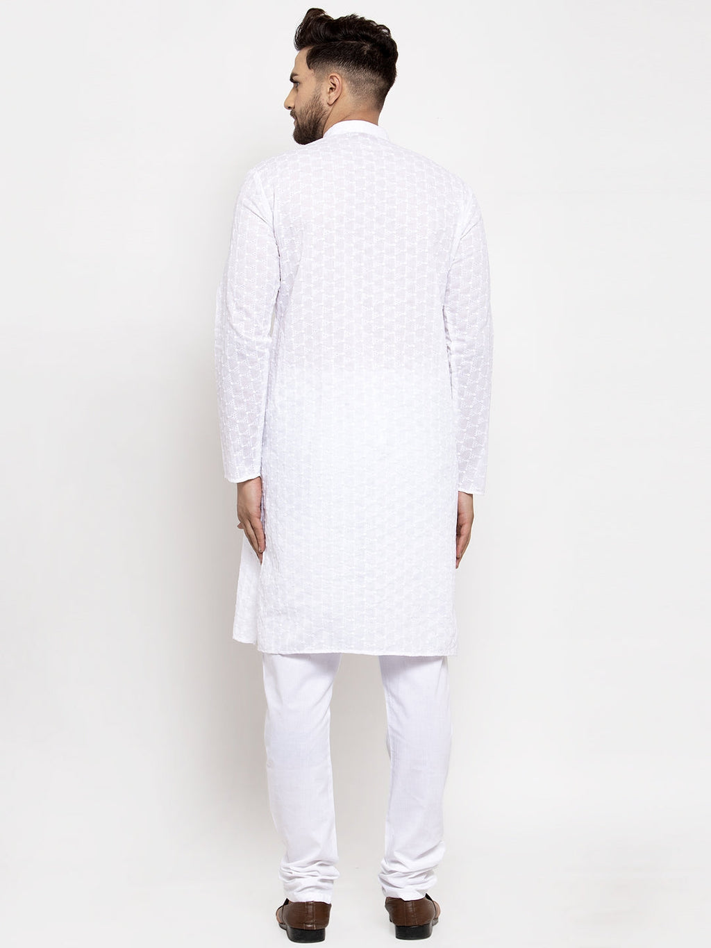 Jompers Men White Chikan Kurta with Churidar
