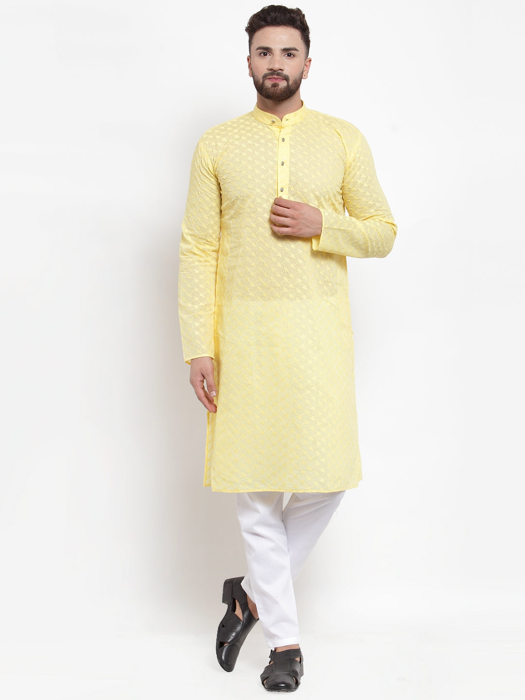 Jompers Men Yellow Chikan Kurta with Churidar