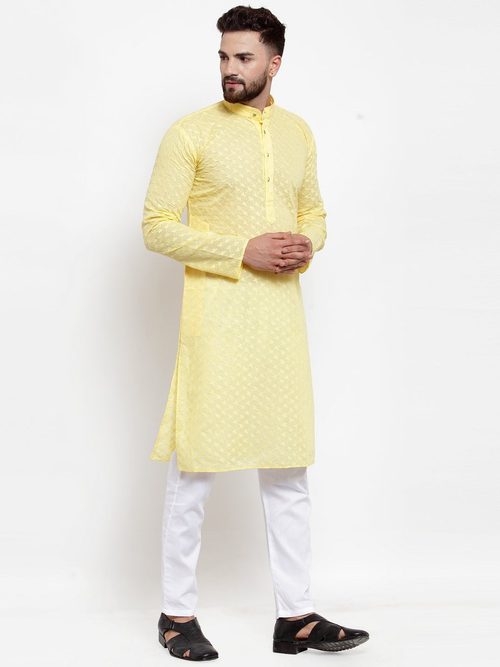 Jompers Men Yellow Chikan Kurta Only