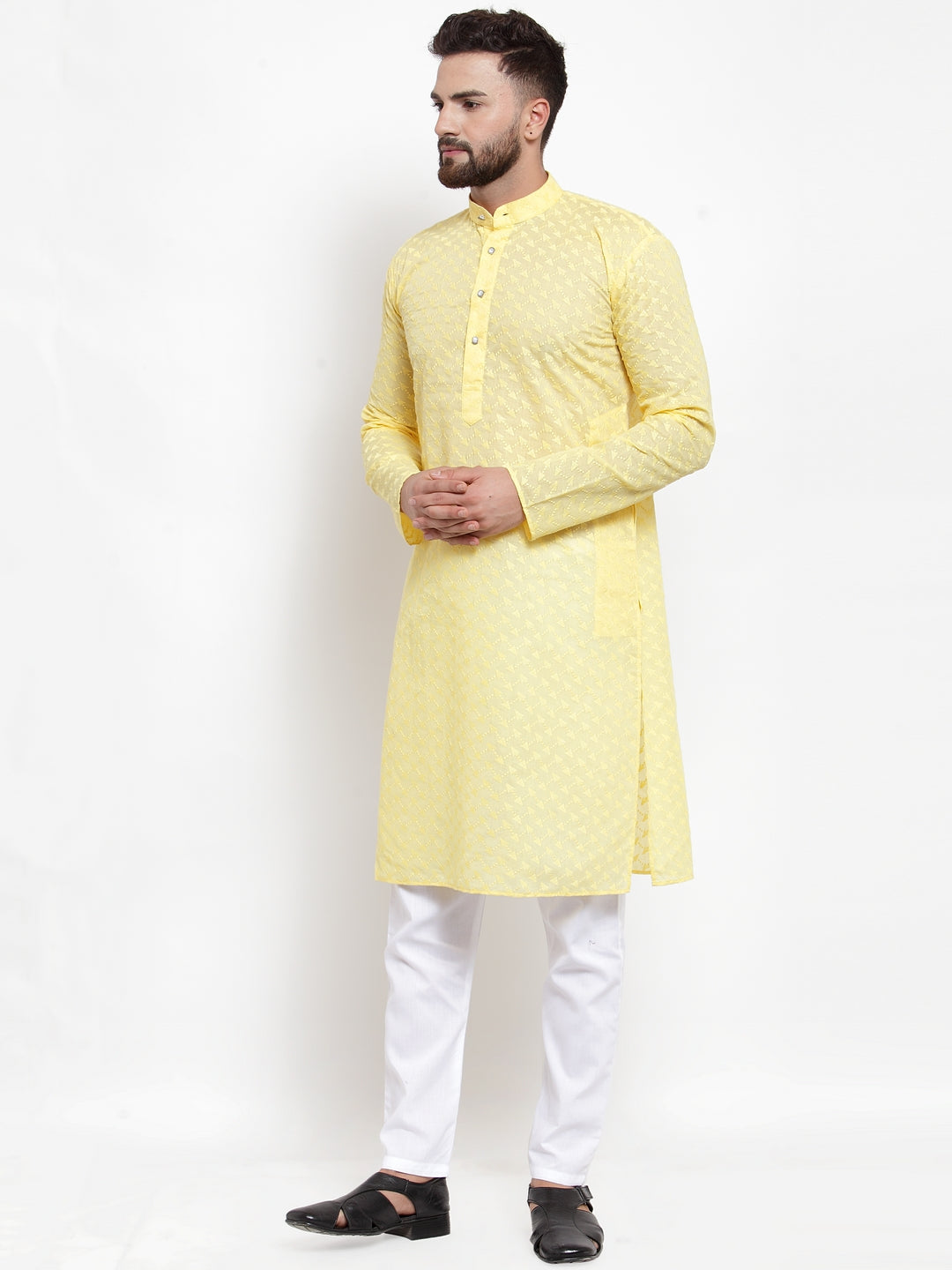 Jompers Men Yellow Chikan Kurta with Churidar
