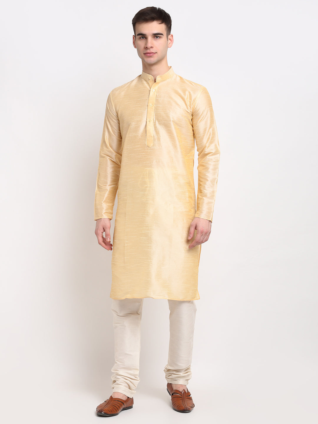 Jompers Men's Golden Solid Dupion Silk Kurta Only
