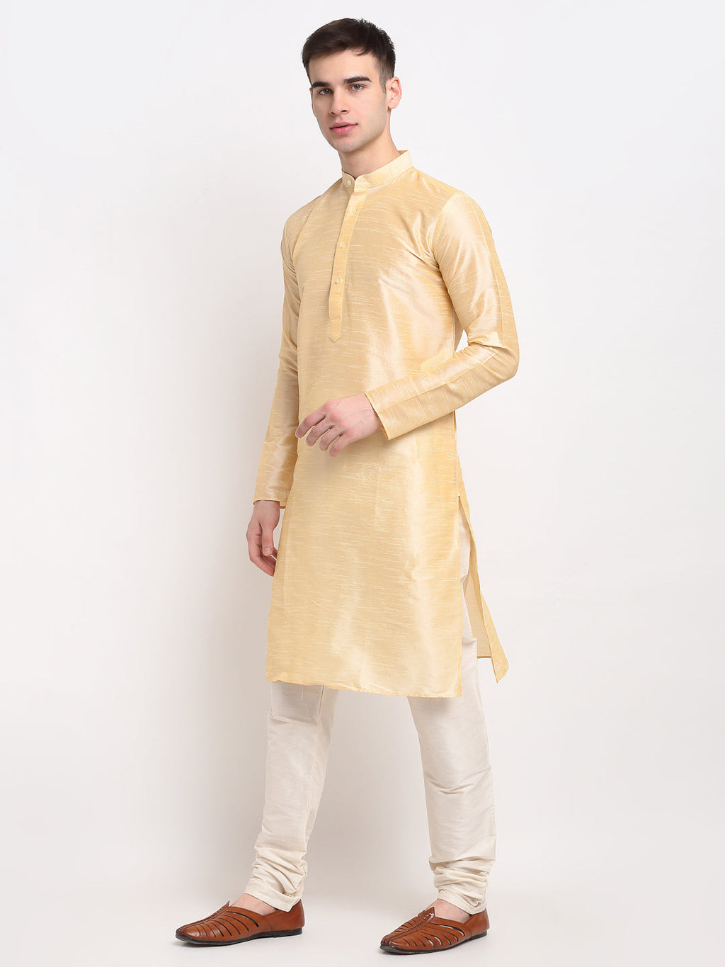Jompers Men's Golden Solid Dupion Silk Kurta Only