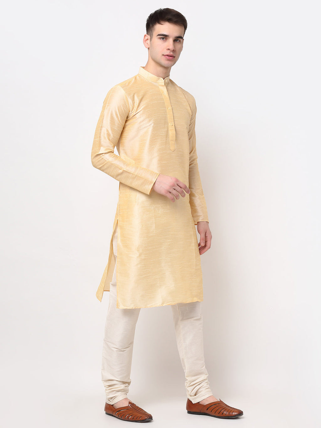 Jompers Men's Golden Solid Dupion Silk Kurta Only