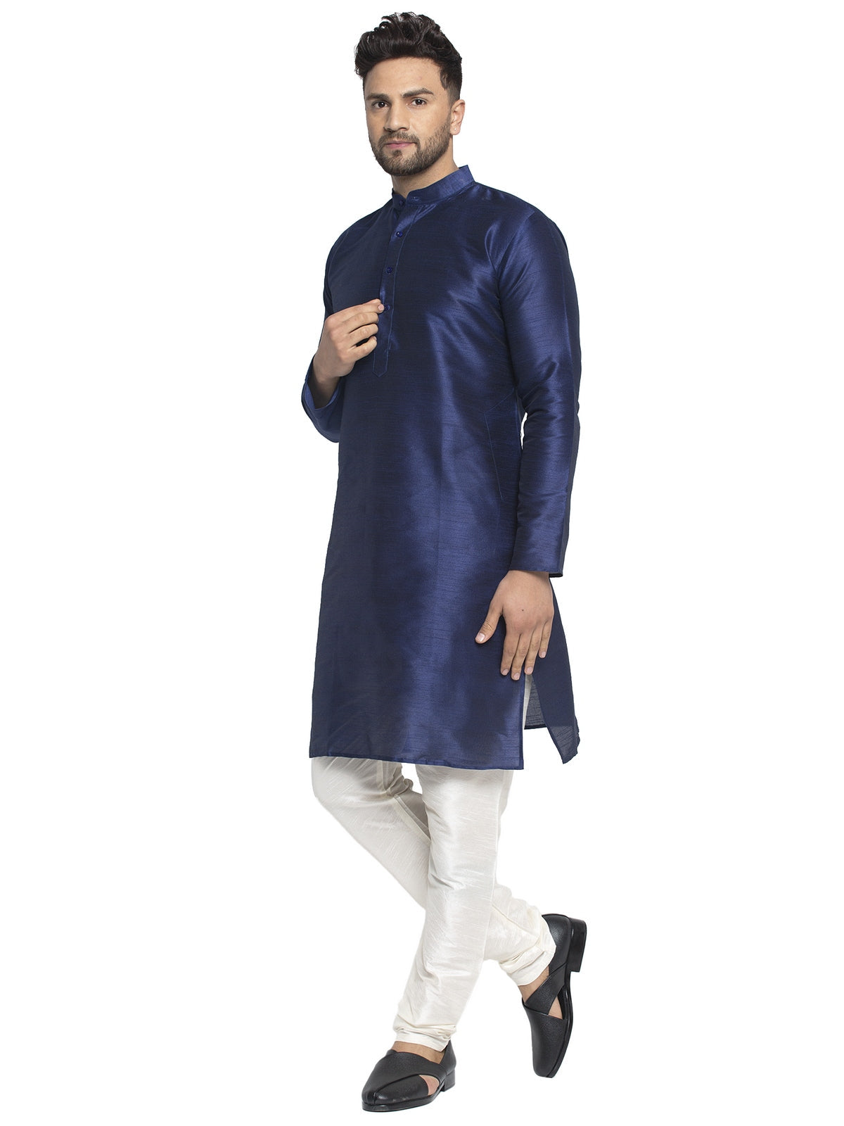 Jompers Men's Navy Solid Dupion Silk Kurta Only