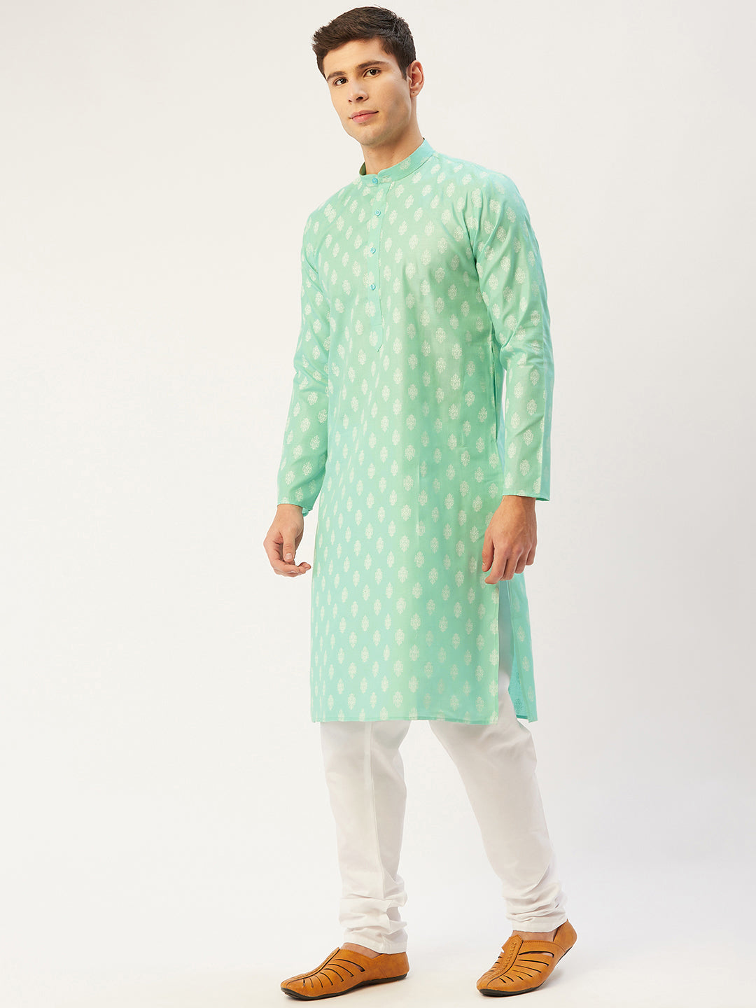 Jompers Men's Green Cotton Floral printed kurta Only