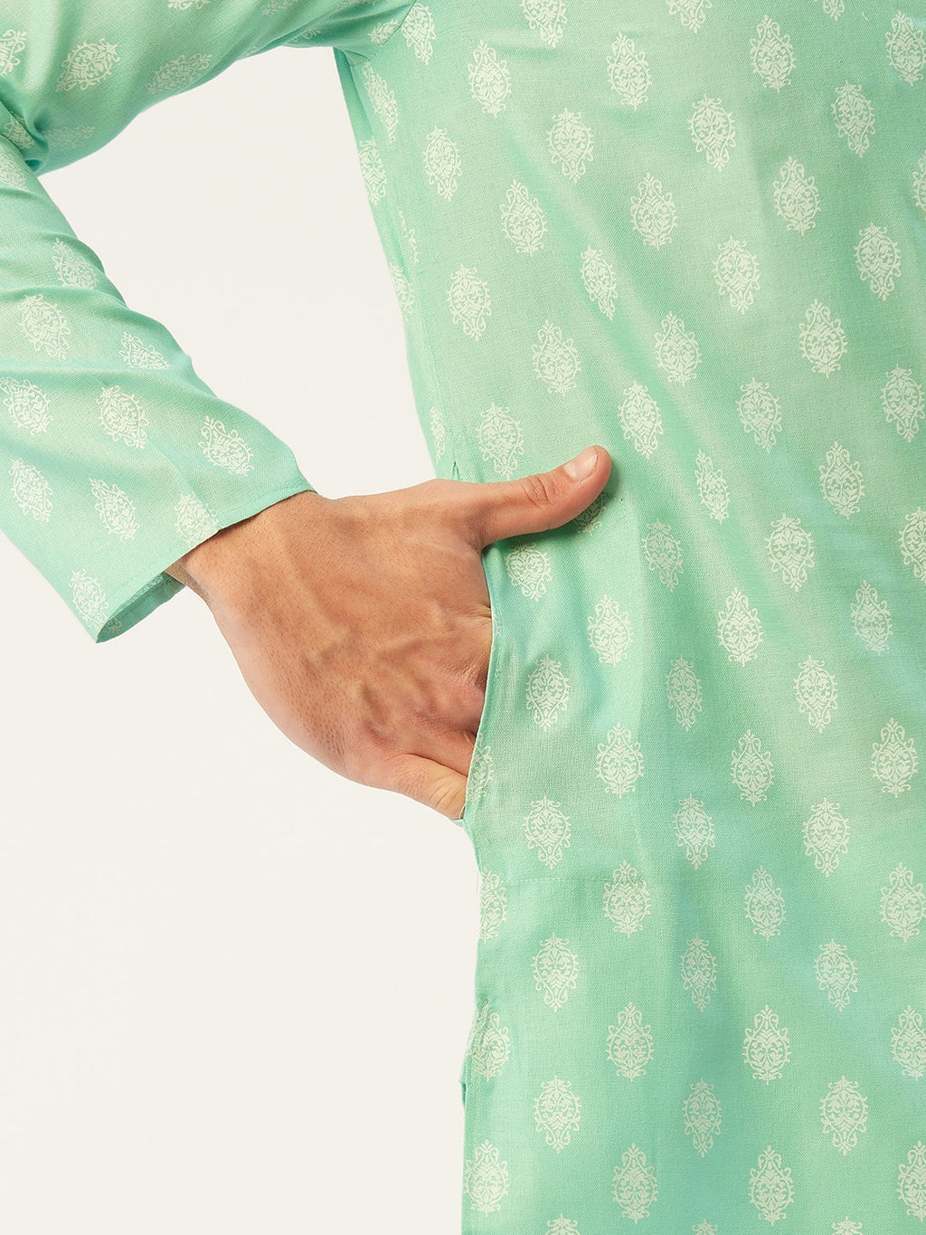 Jompers Men's Green Cotton Floral printed kurta Only