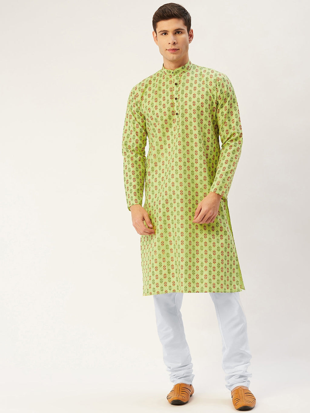 Jompers Men's Green Cotton Ikat printed kurta Only