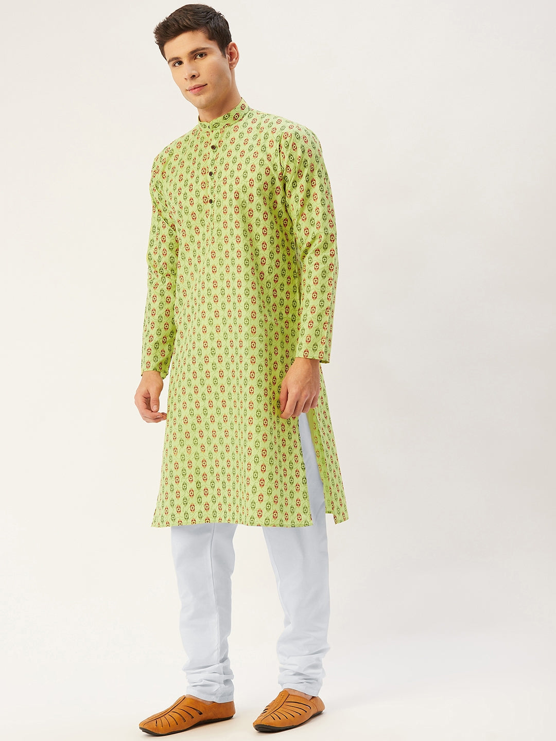 Jompers Men's Green Cotton Ikat printed kurta Only
