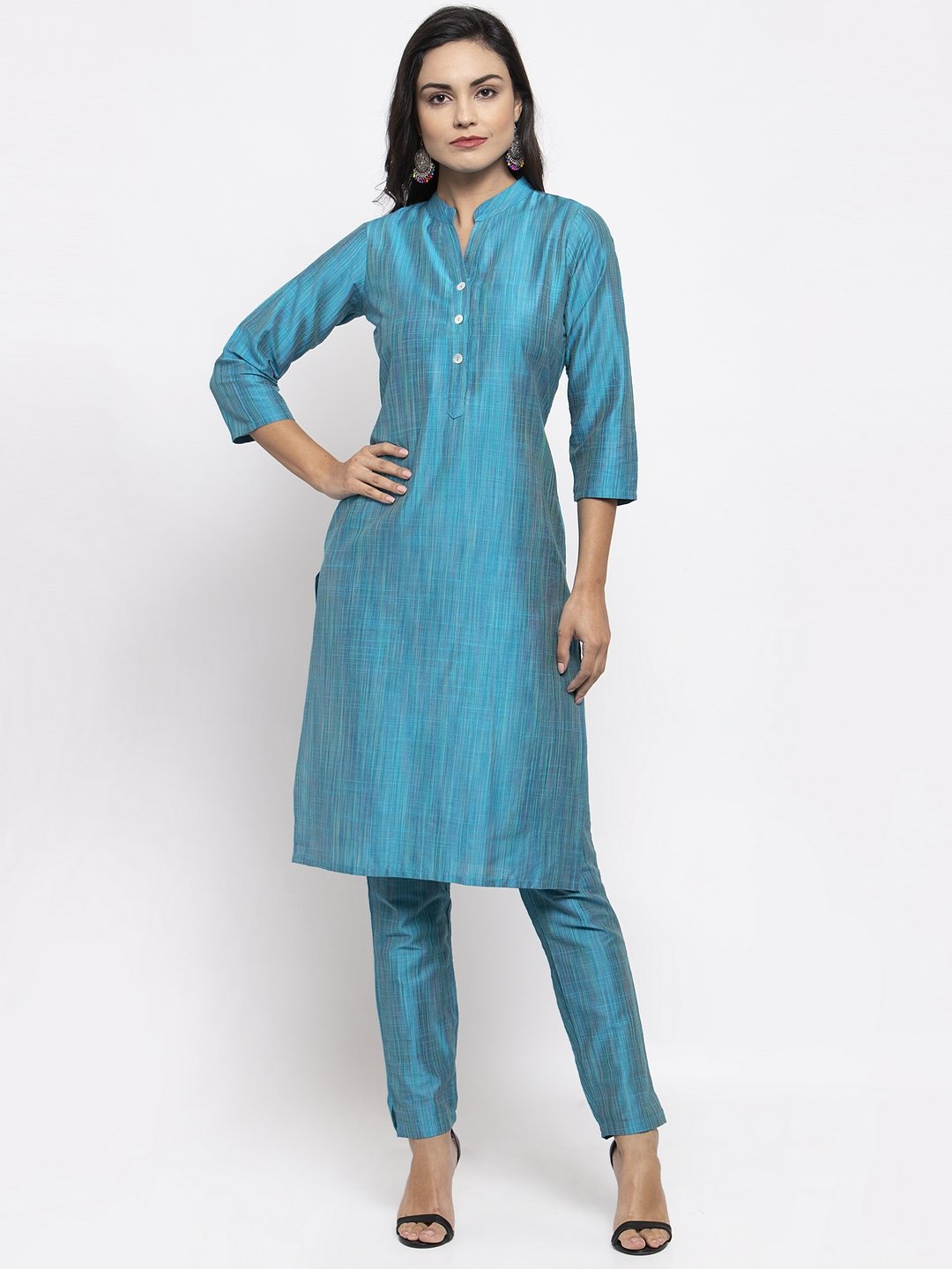 Jompers Women Blue & Green Self-Striped Kurta with Trousers