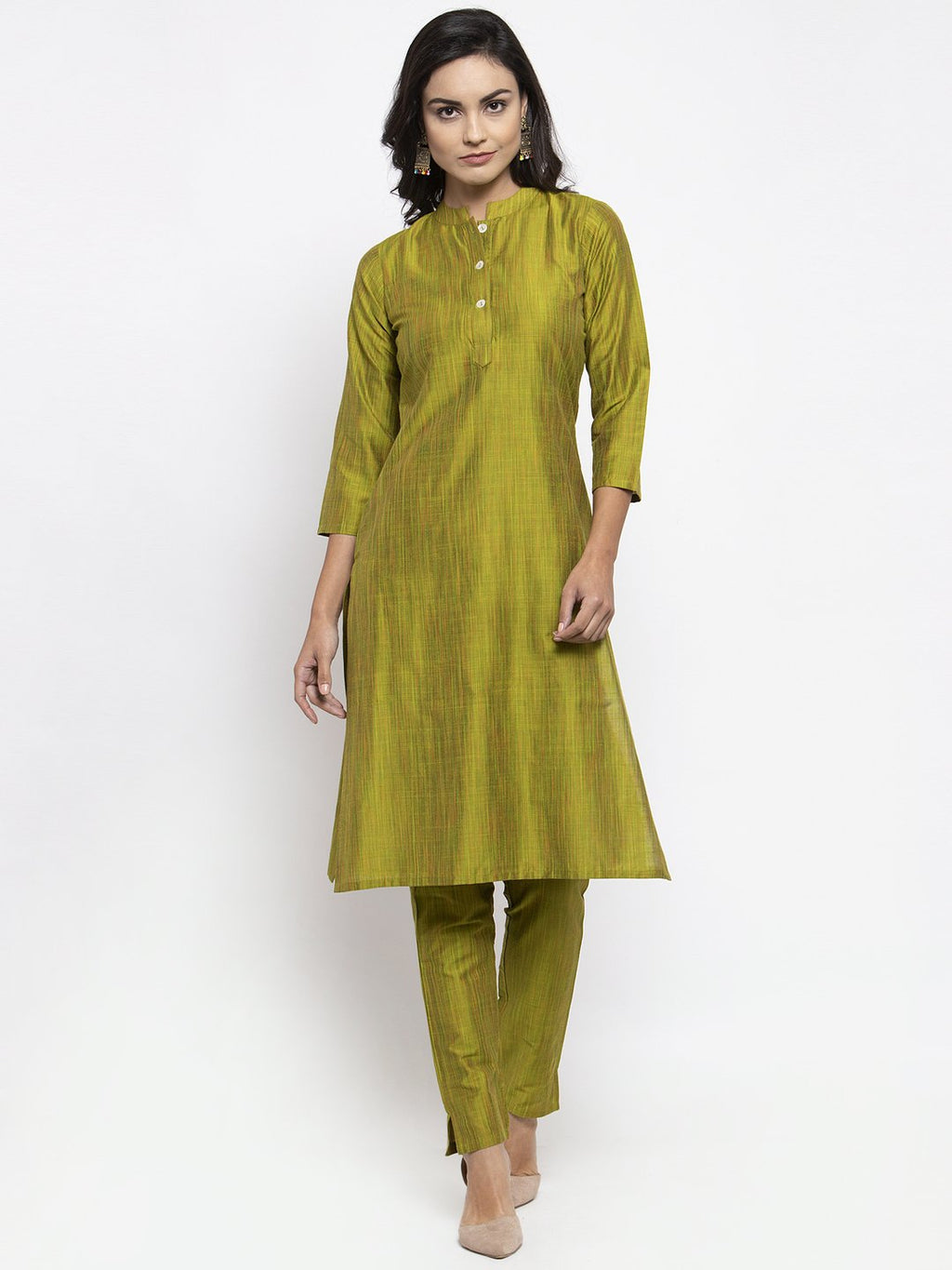 Jompers Women Green Self-Striped Kurta with Trousers