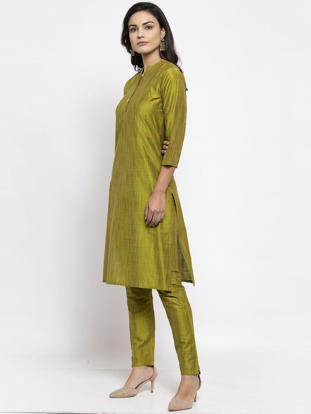 Jompers Women Green Self-Striped Kurta with Trousers