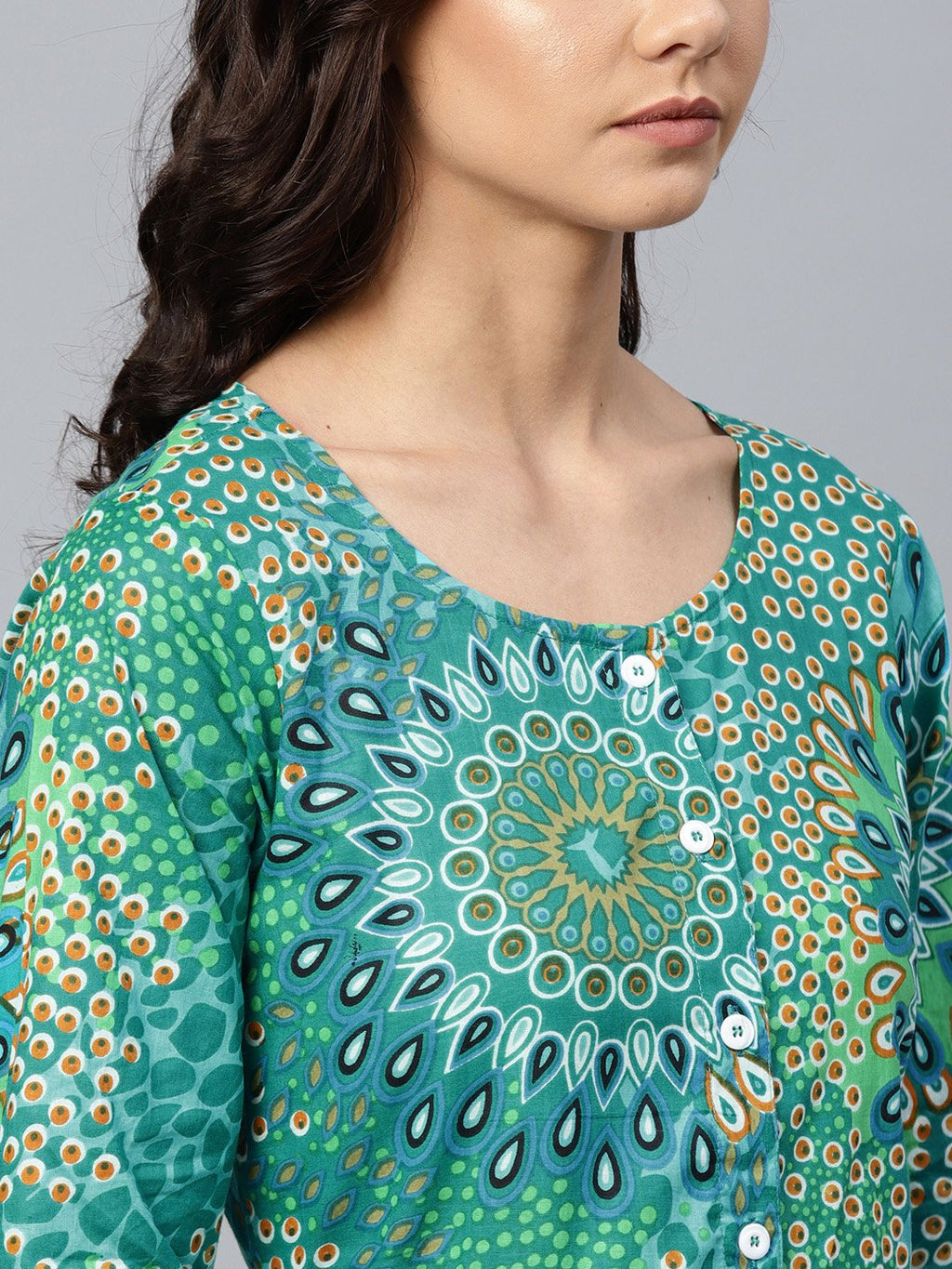 Jompers Women Green & White Printed Flared Kurta