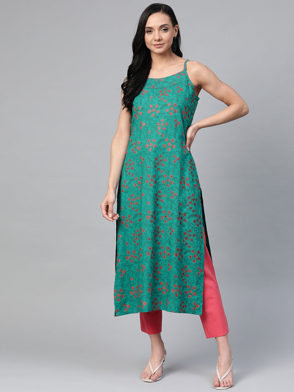 Jompers Women Rama Green & Pink Printed Straight Kurta