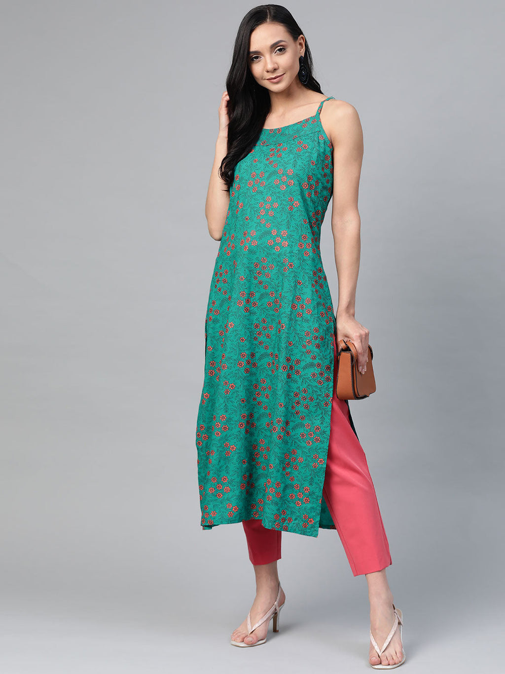 Jompers Women Rama Green & Pink Printed Straight Kurta