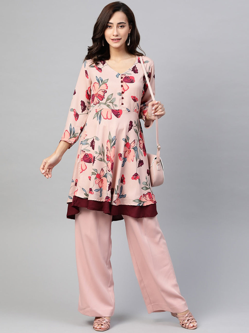 Jompers Women Peach & Maroon Floral Printed Floral Flared Kurta