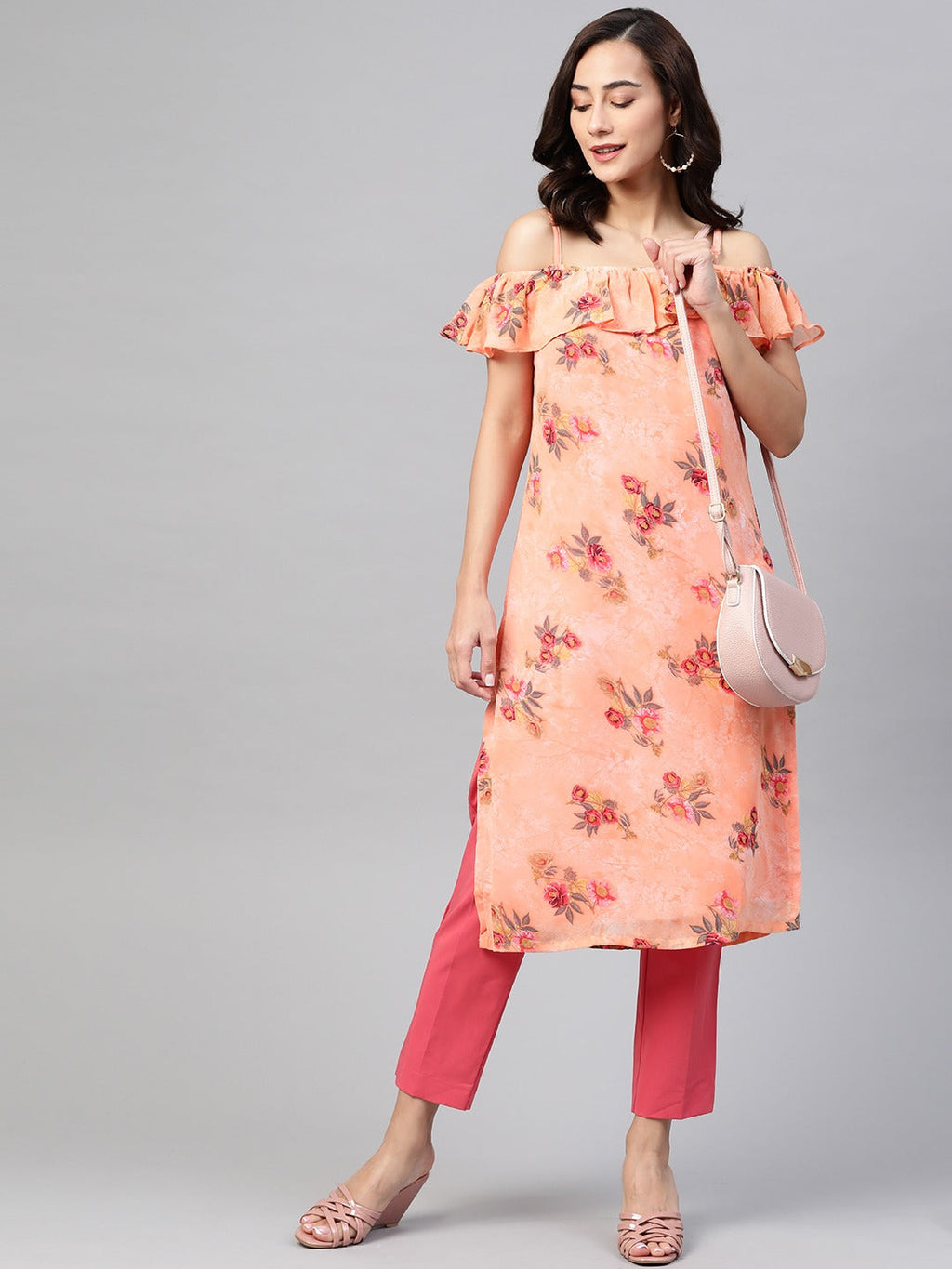 Jompers Women Peach-Coloured & Grey Floral Print Off-Shoulder Straight Kurta
