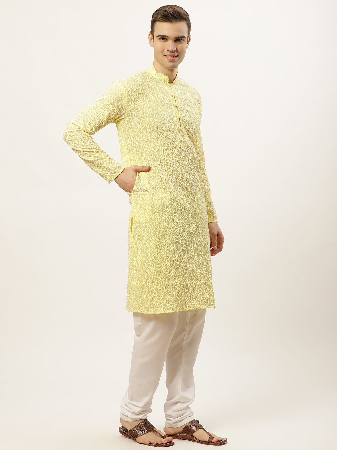 Jompers Men's Yellow Embroidered Kurta Only