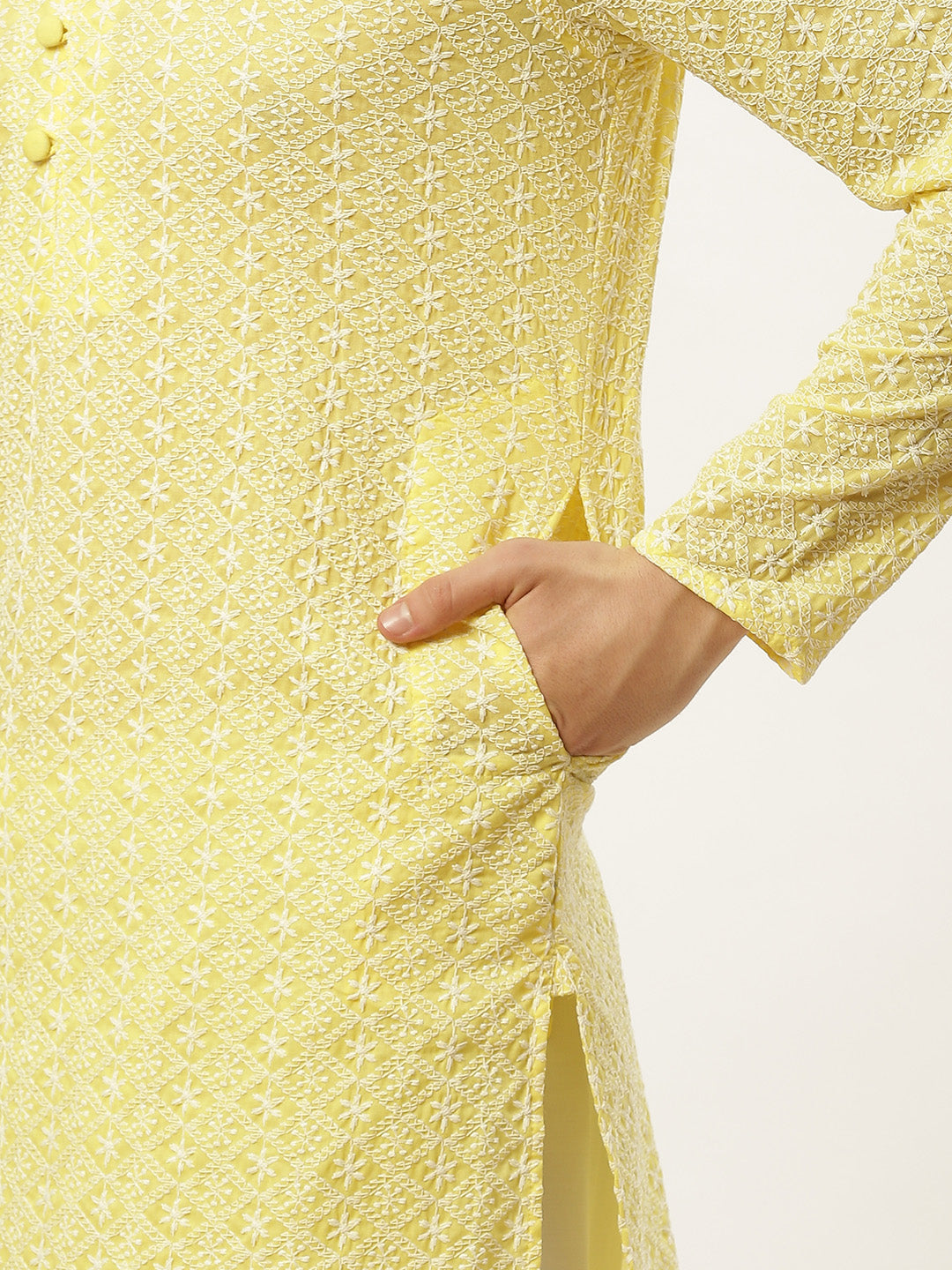 Jompers Men's Yellow Embroidered Kurta Only