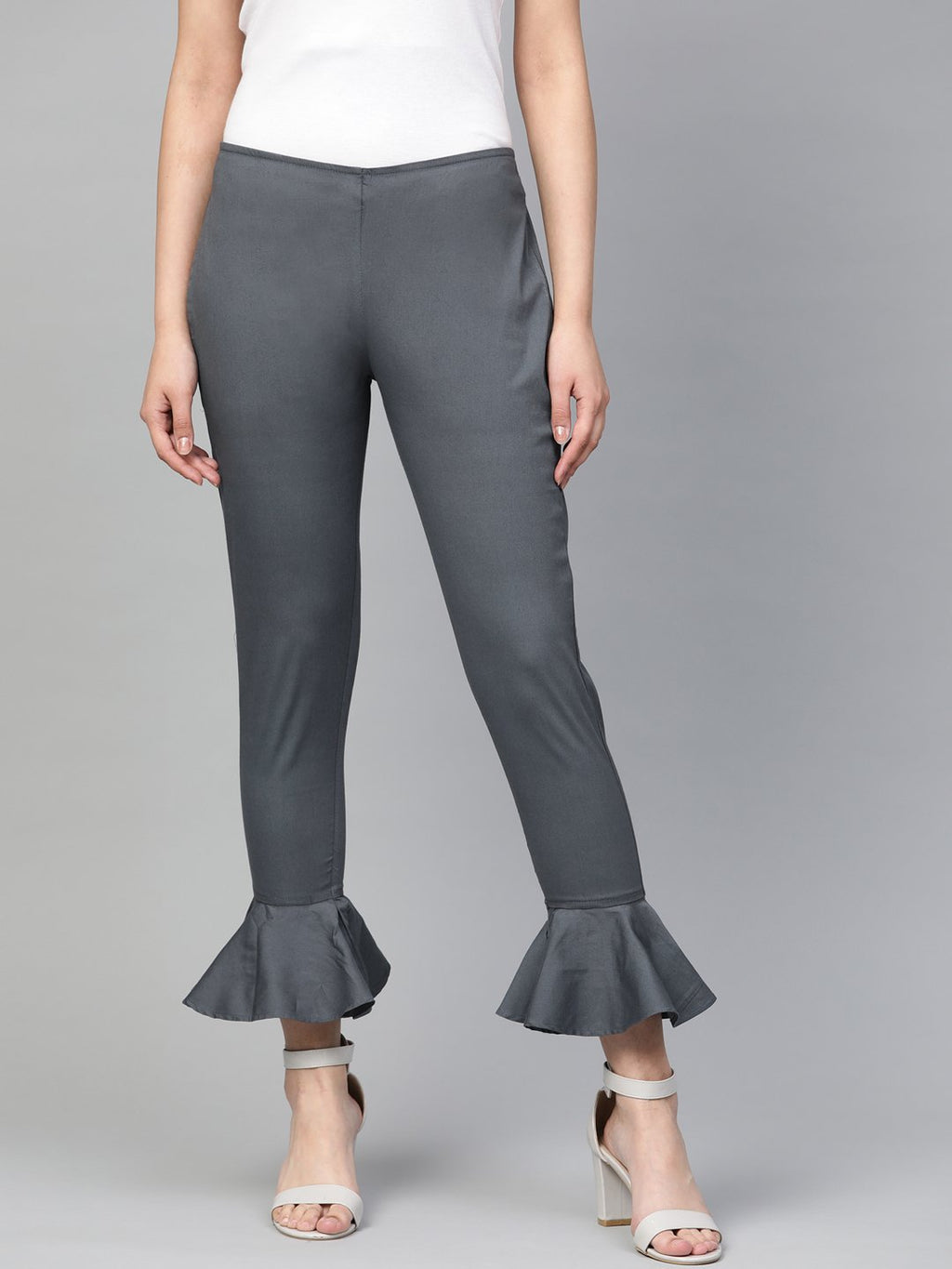 Jompers Women Grey Smart Fit Solid Bottom Flared Trousers