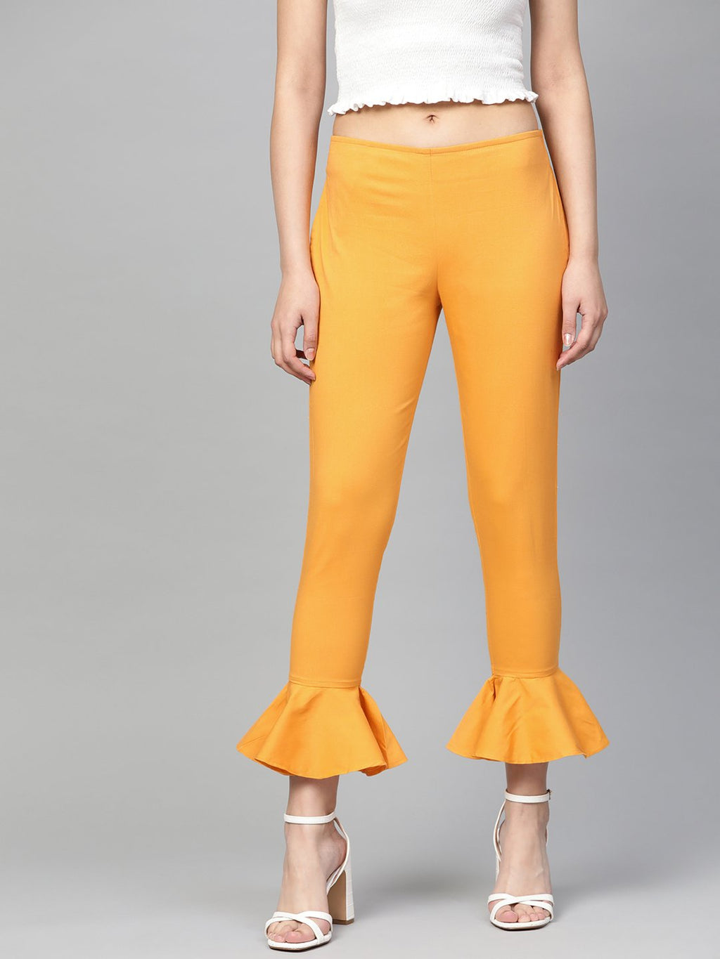 Jompers Women Mustard Smart Fit Solid Bottom Flared Trousers