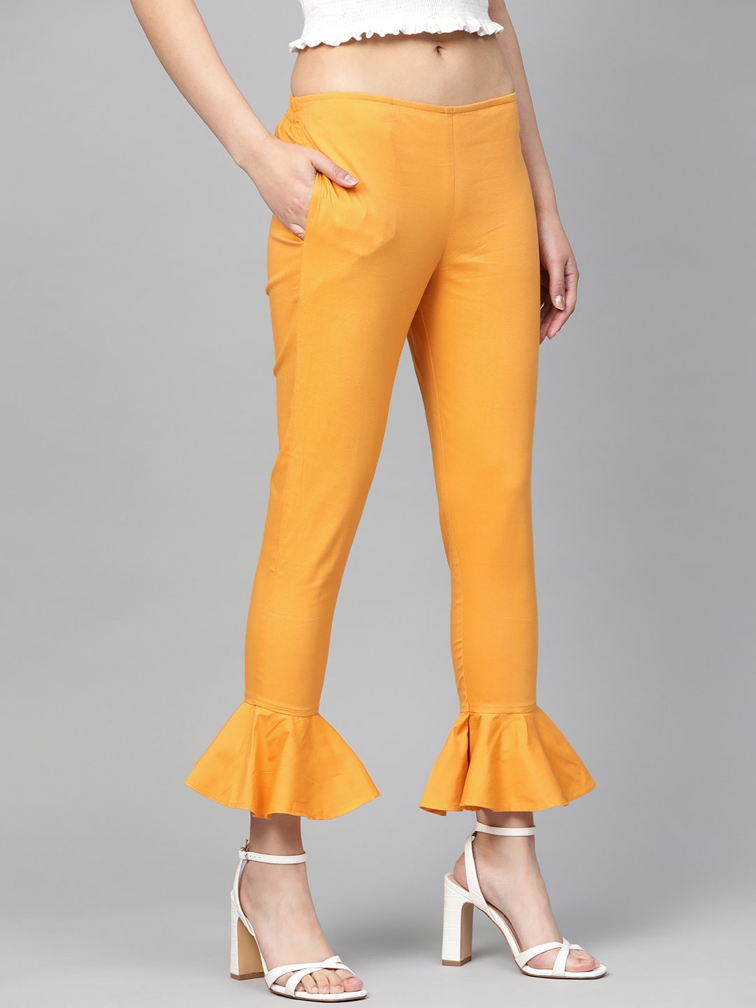 Jompers Women Mustard Smart Fit Solid Bottom Flared Trousers