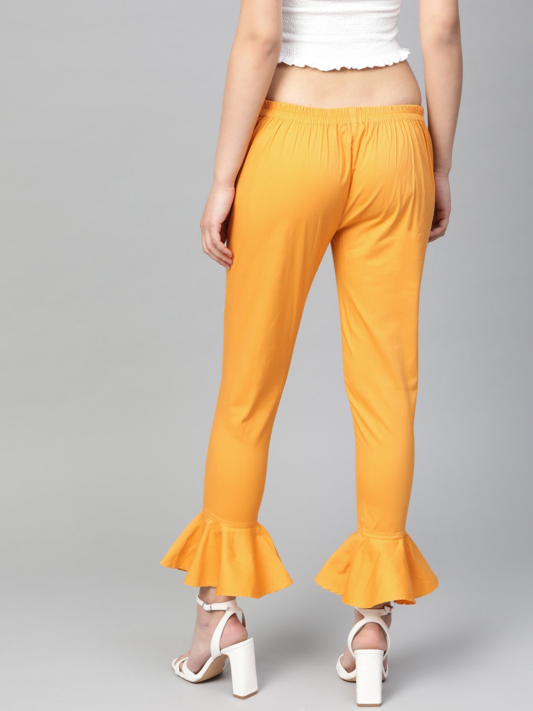 Jompers Women Mustard Smart Fit Solid Bottom Flared Trousers