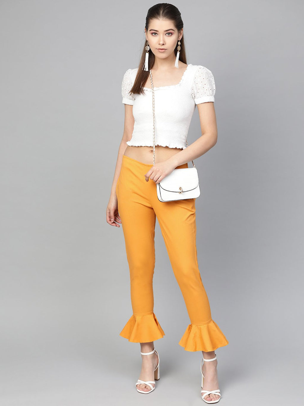 Jompers Women Mustard Smart Fit Solid Bottom Flared Trousers