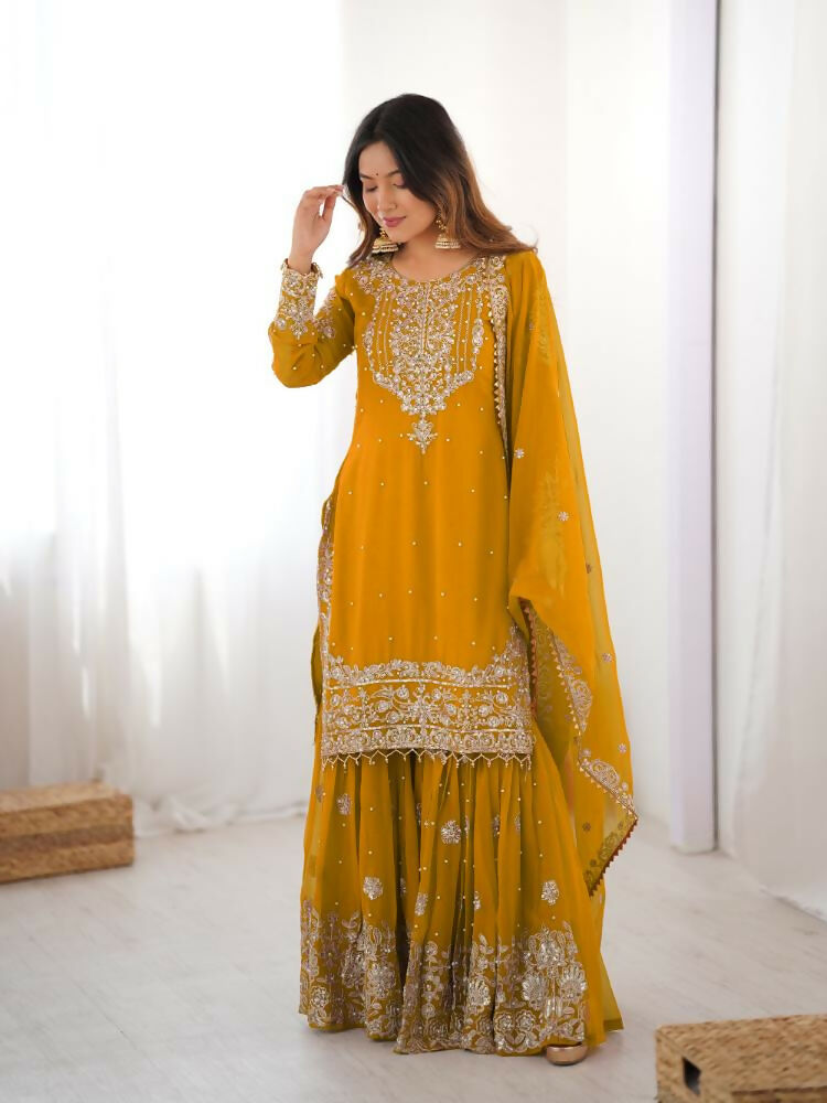 Lehenga Mart Designer Sharara Suit With Kurta, Sharara, Dupatta For Women-Yellow