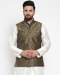 Jompers Men Gold-Coloured & Black Woven Design Nehru Jacket