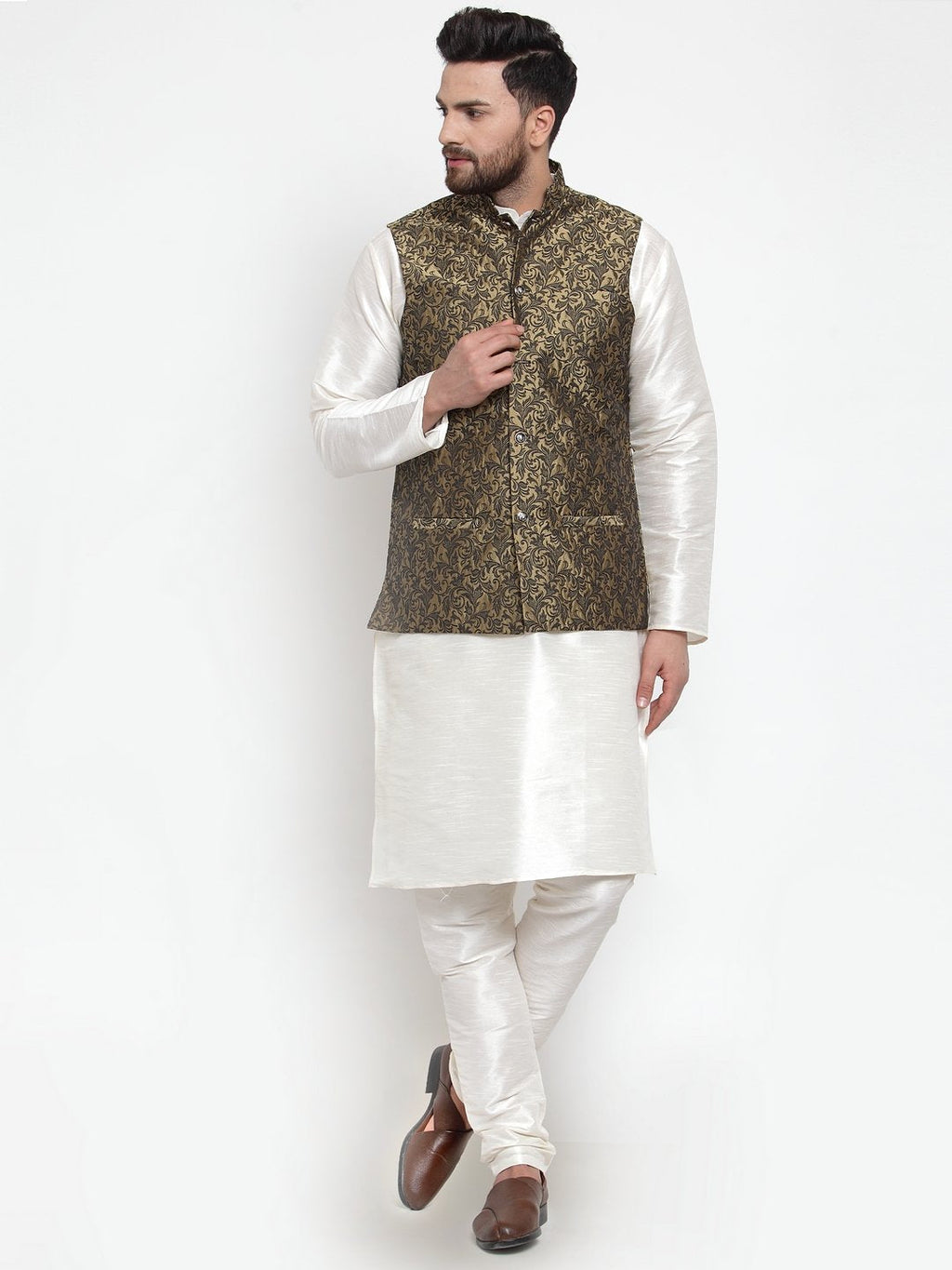 Jompers Men Gold-Coloured & Black Woven Design Nehru Jacket