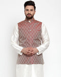 Jompers Men Maroon Woven Design Nehru Jacket
