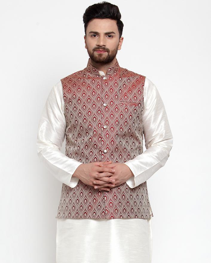 Jompers Men Maroon Woven Design Nehru Jacket