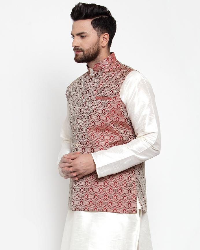 Jompers Men Maroon Woven Design Nehru Jacket