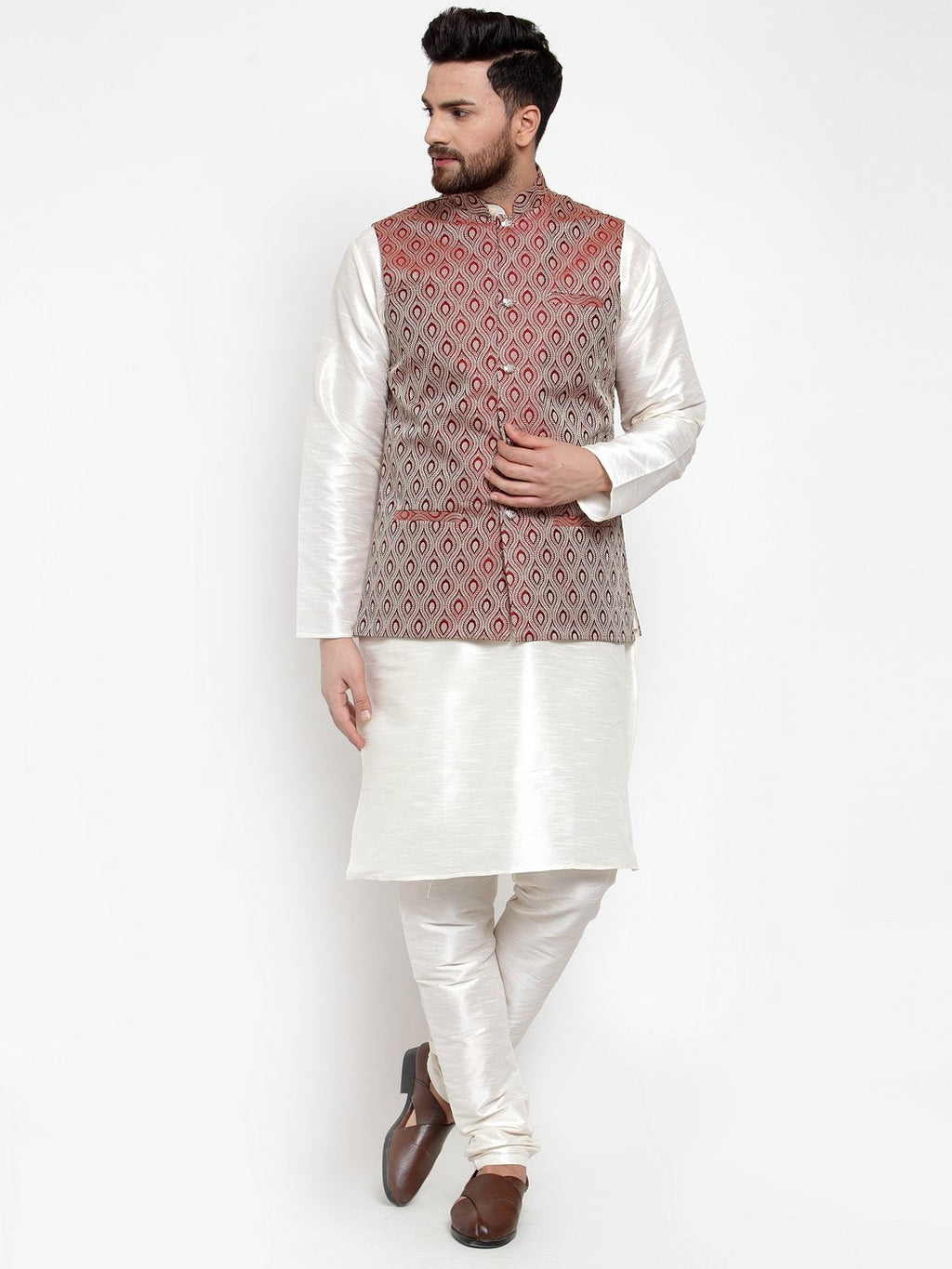 Jompers Men Maroon Woven Design Nehru Jacket