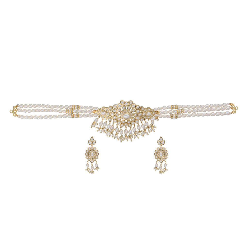 J Pearls Vansha 3 Lines Round Pearl Choker - Real Pearl Jewelry