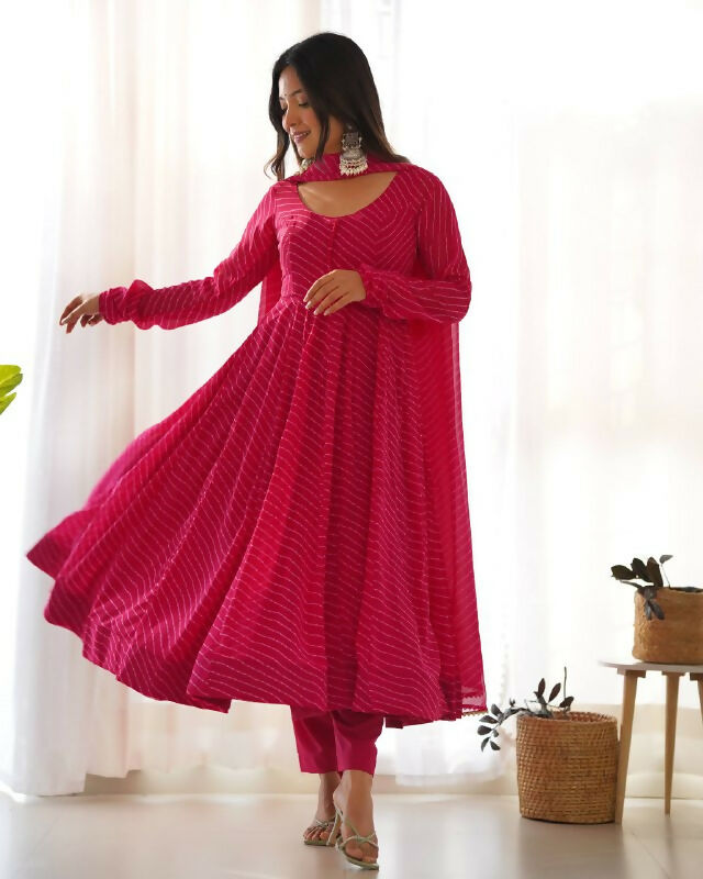 Lehenga Mart Designer Anarkali Suit With Kurta, Pant, Dupatta For Women-Rani Pink