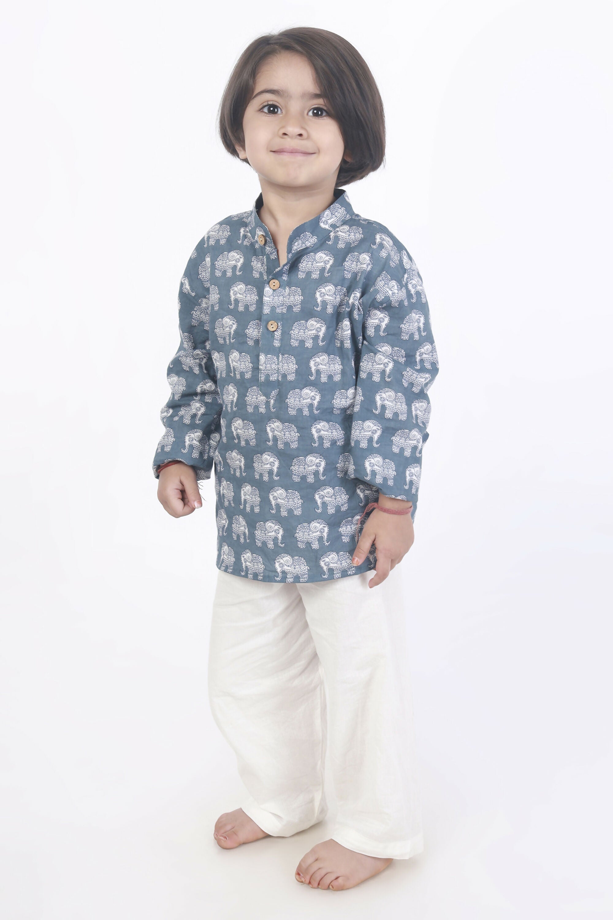 Breathables Kids Boys & Girls Cotton Night Suit – Grey Elephant Print Kurta & Pyjama Co-Ord Set