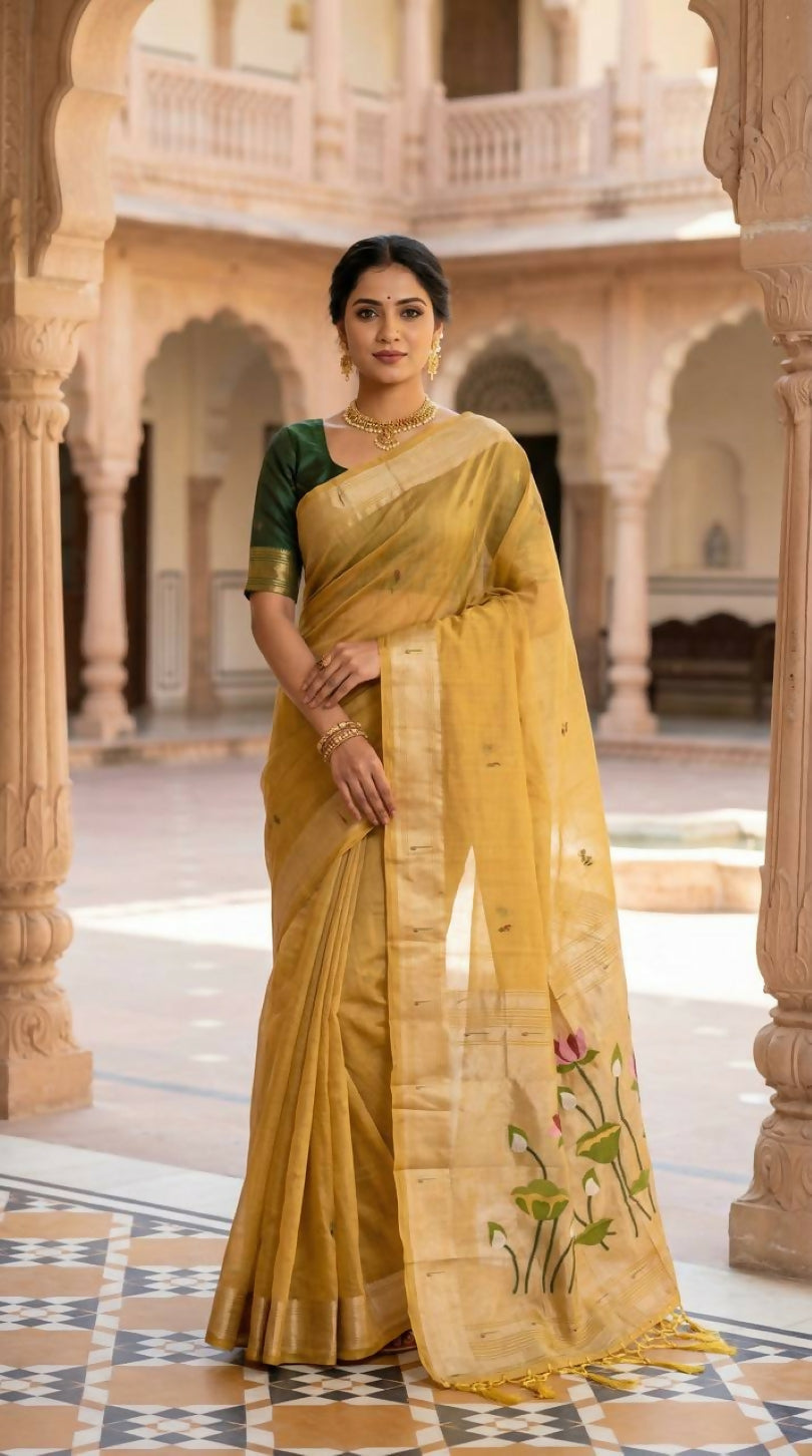 Vastranavya Yellow Muga Cotton Meenakari & Munia Weaving Pallu Saree with Contrast Blouse