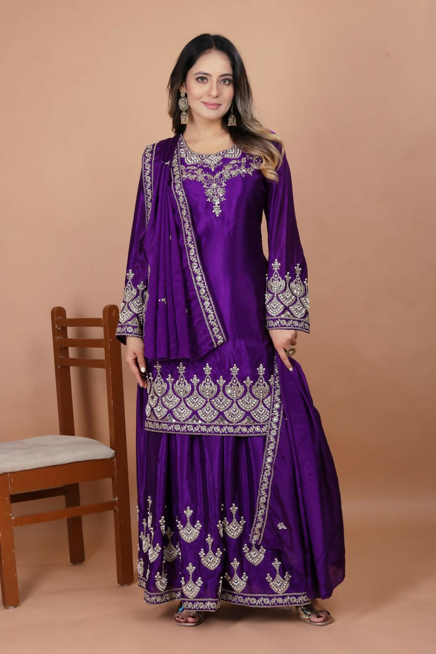 Teeya Creation Purple Chinon Embroidery Work Party Wear Palazzo Suit