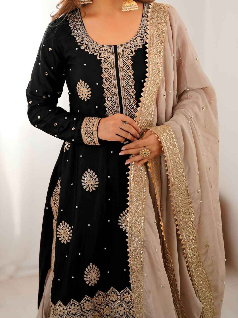 Lehenga Mart Designer Sharara Suit With Kurta, Sharara, Dupatta For Women-Black