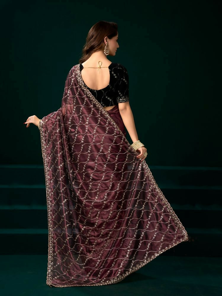 Joban Fashion Maroon Net Party Wear Sarees