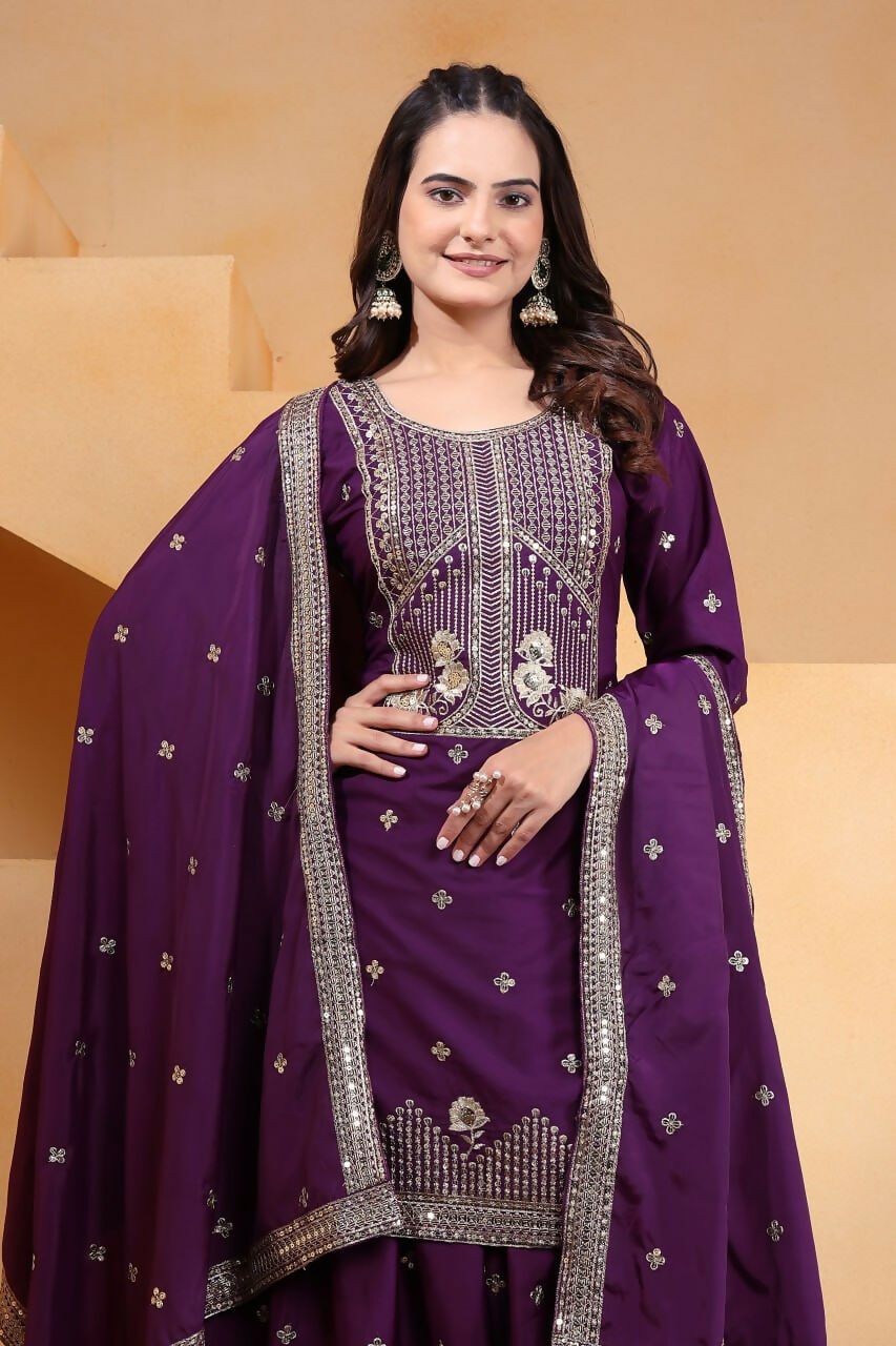 Teeya Creation Wine Color Natural Crepe Silk Wedding Wear Trending Palazzo Set