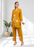 Joban Fashion Mustard Cotton, Linen Embroidered Readymade Cord Set
