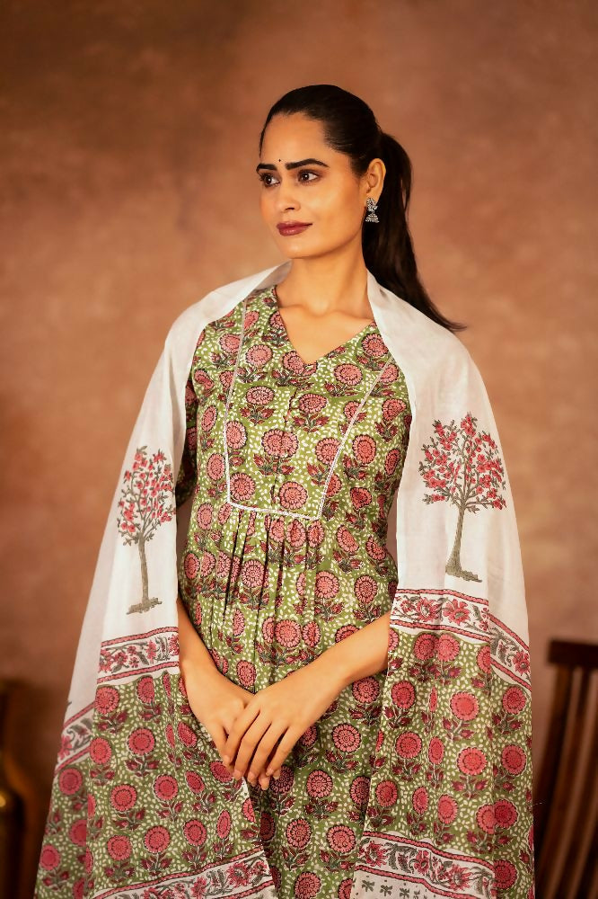 Joban Fashion Green Hand Block Printed Cotton Suit Set