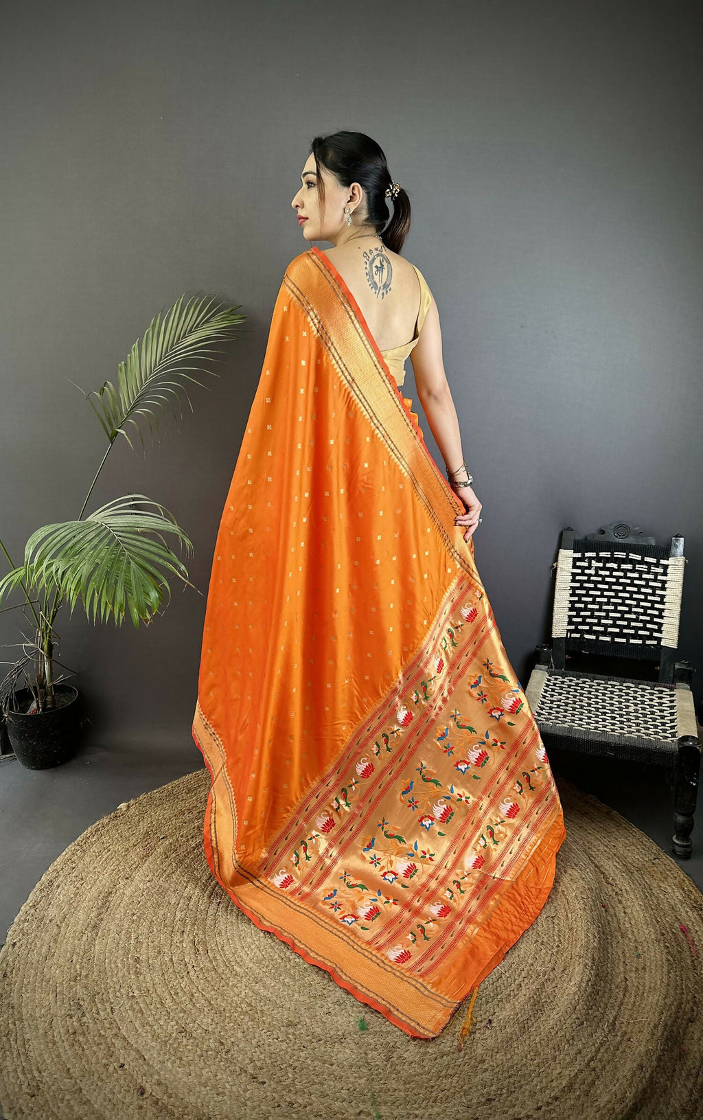 Joban Fashion Orange Butti Woven Soft Lichi Silk Paithani Saree