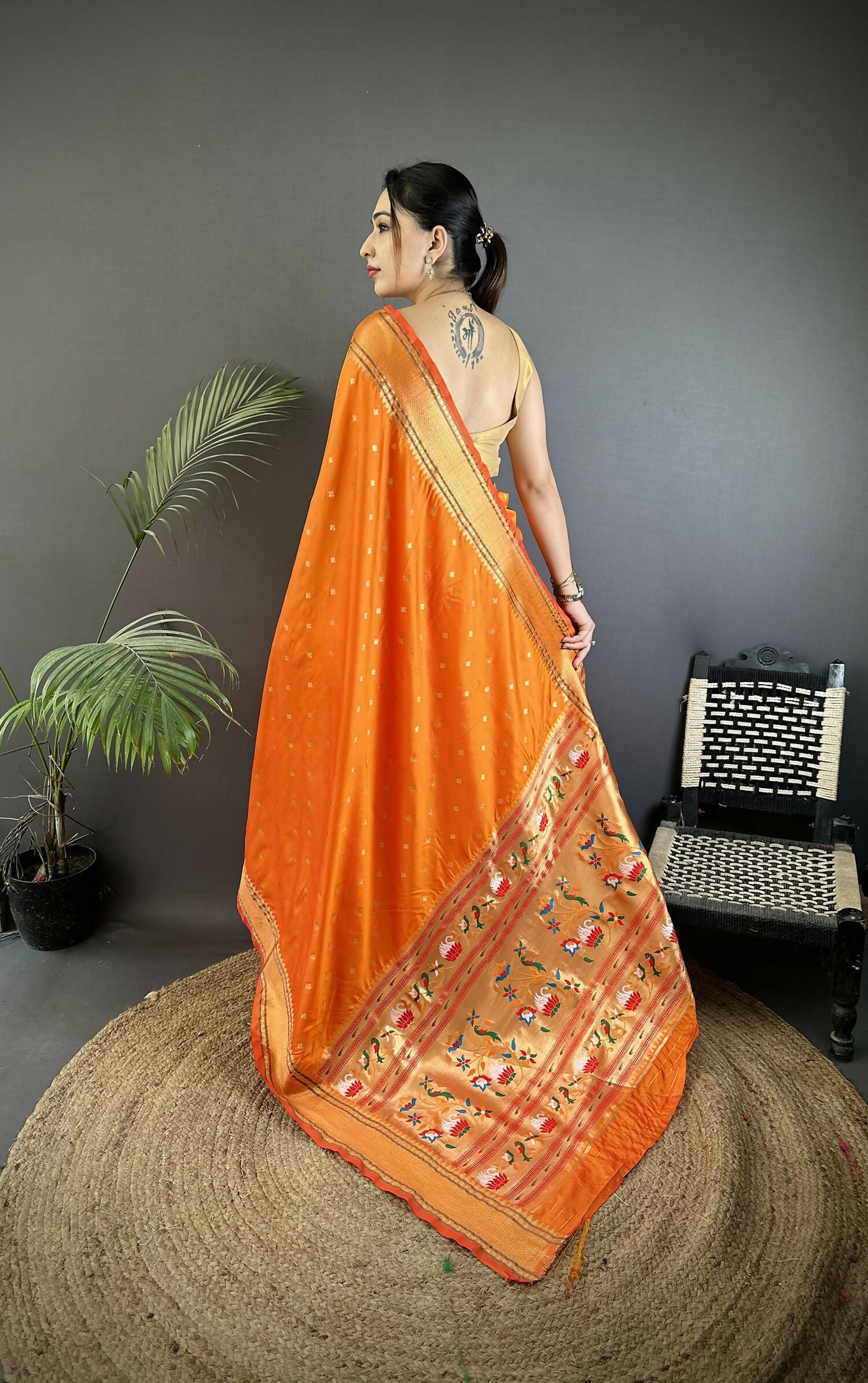 Joban Fashion Orange Butti Woven Soft Lichi Silk Paithani Saree