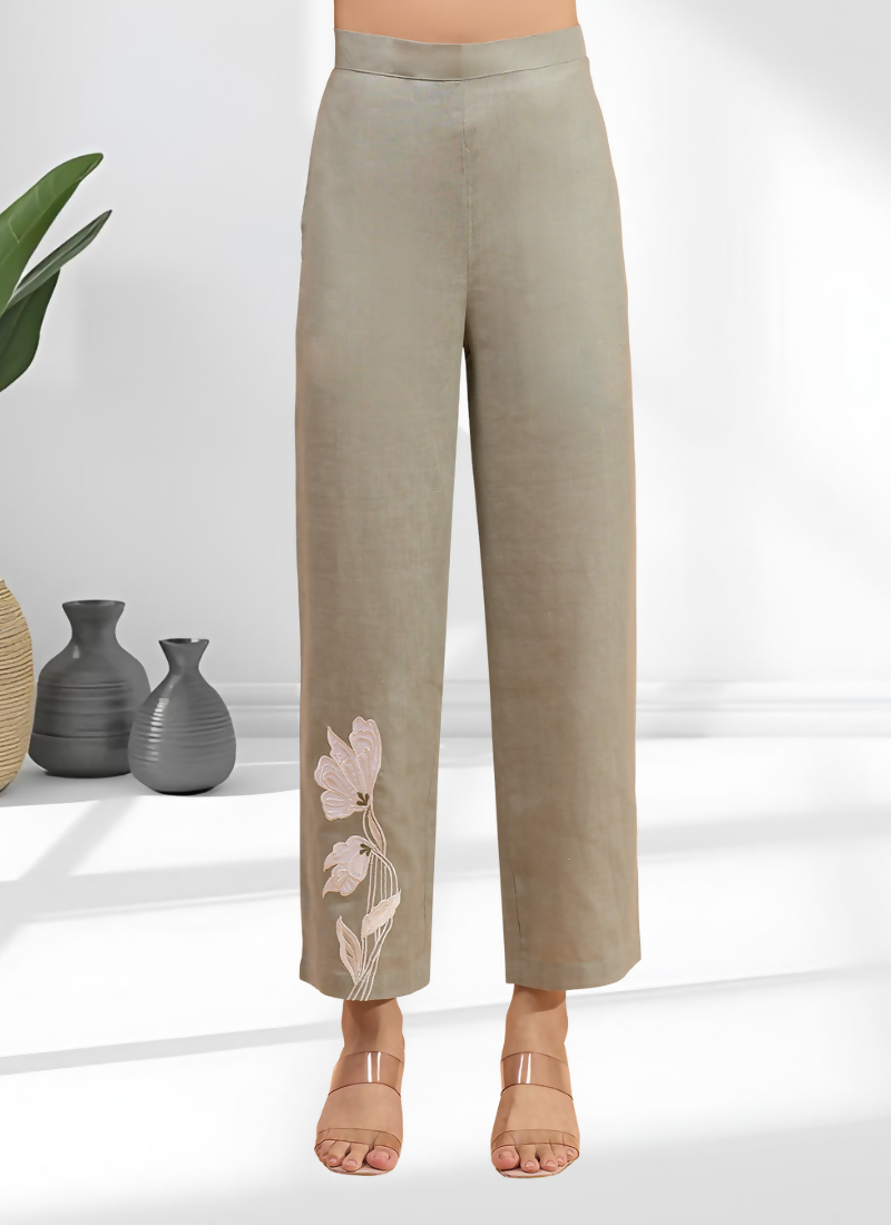 Joban Fashion Gray Linen Embroidered Readymade Long Kurta With Pant
