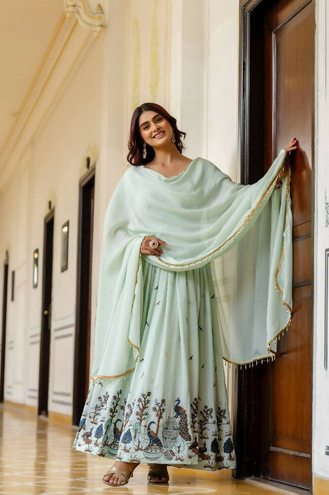 Teeya Creation Mint Green Chinnon Heavy Work Long Wedding Gown